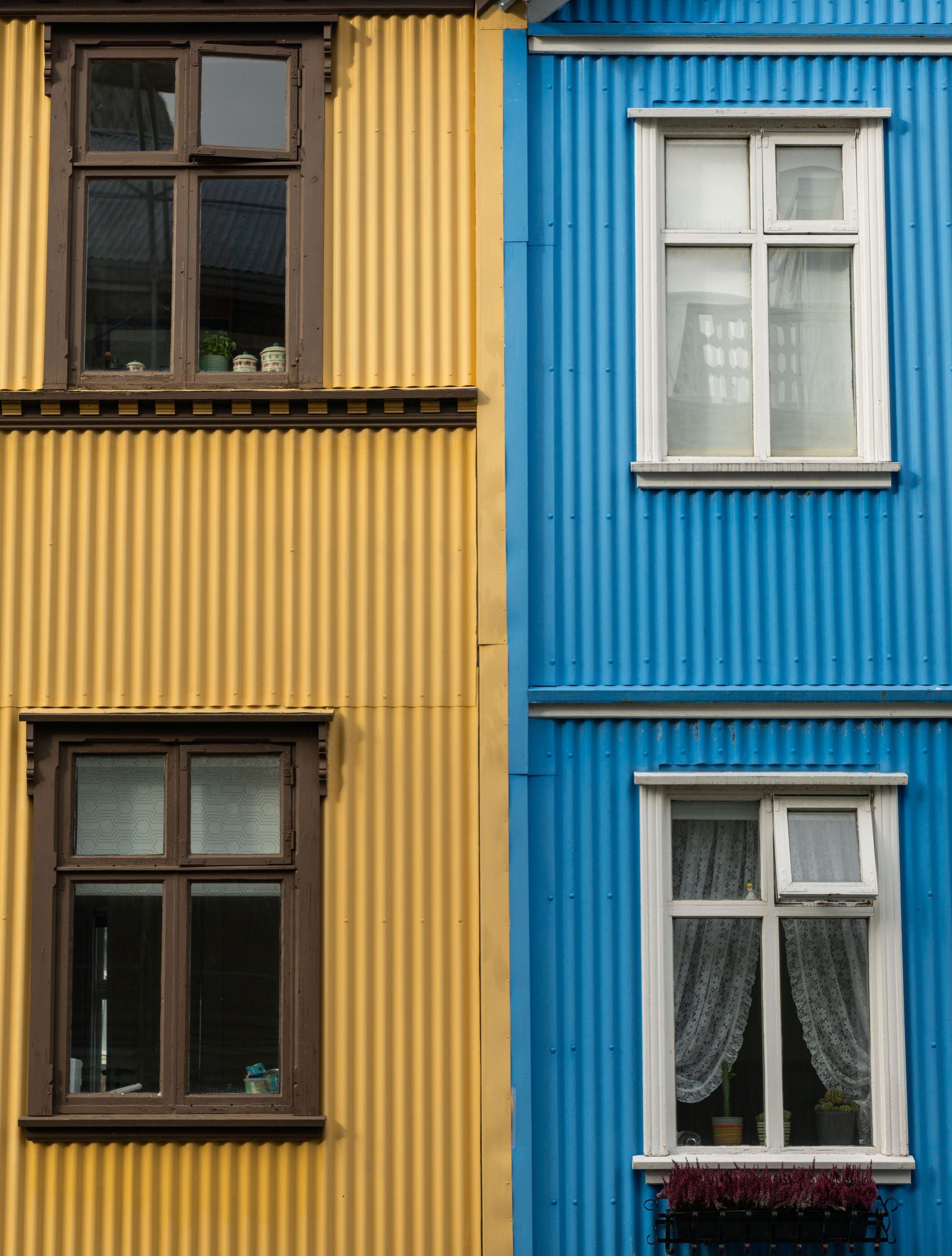 Colorful corrugated metal building facade with contrasting yellow and blue design.
