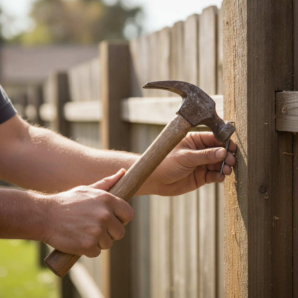 a handyman repairing fences, show the hands with hammer only